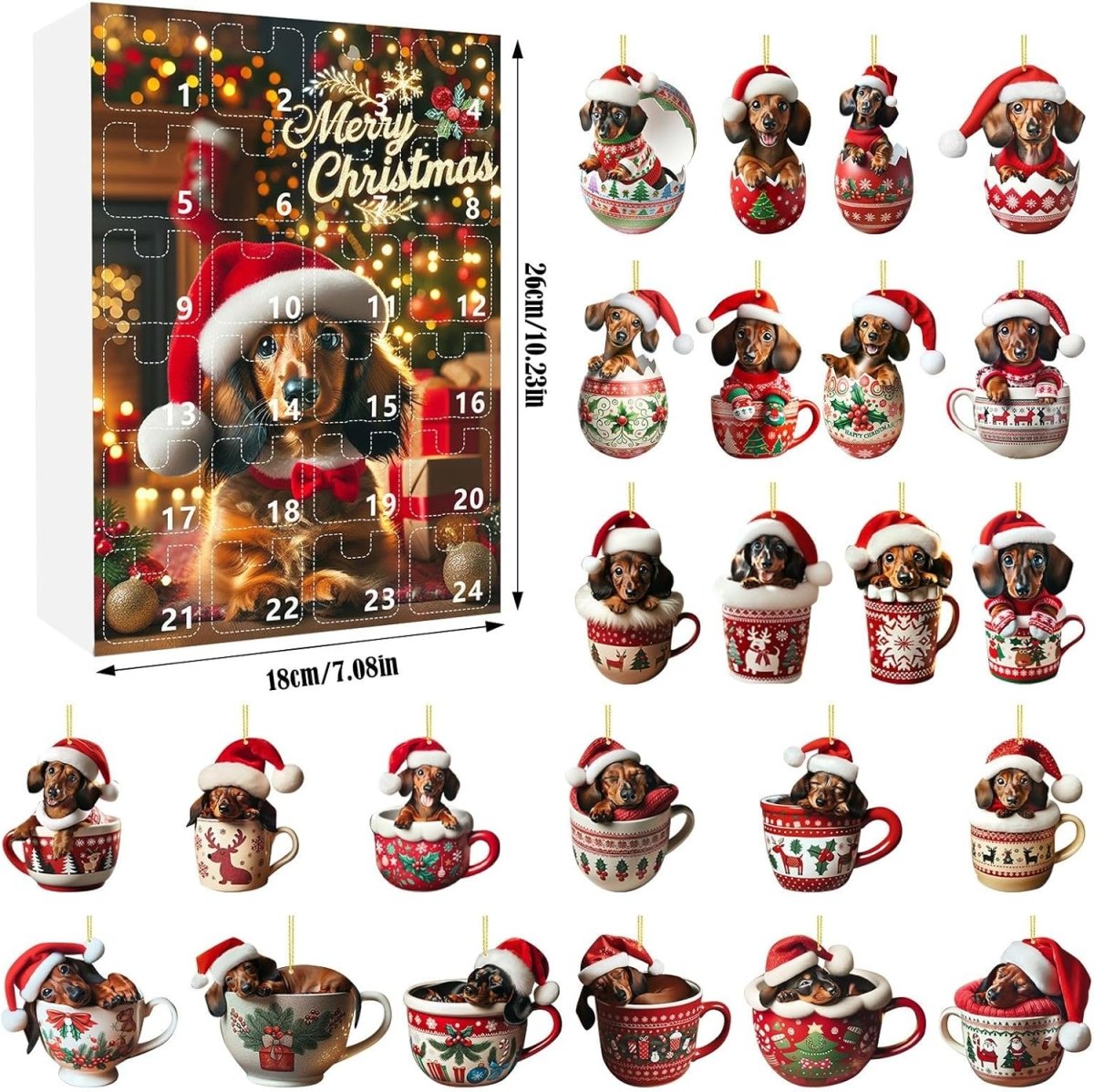 Adventskalender mit 24 Accessoires aus Acryl im Dackel-Motiv – Ansicht 11
