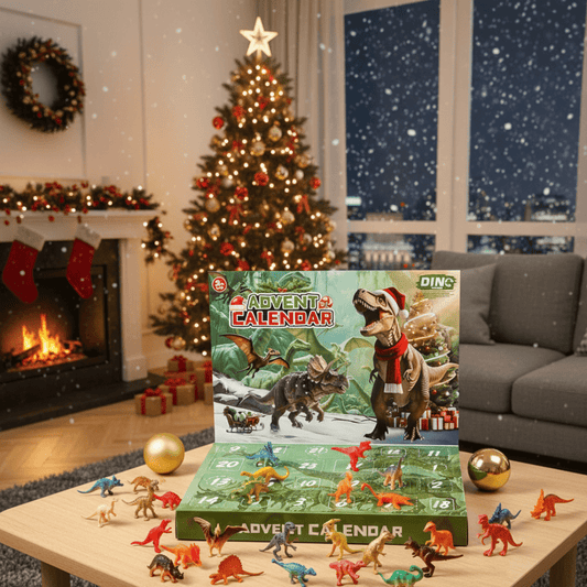 Adventskalender mit Dinosaurierfiguren geöffnet